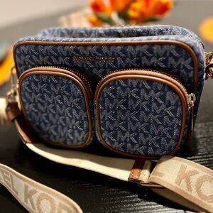 Michael Kors Blue and Brown Crossbody Bag with Signature Monogram